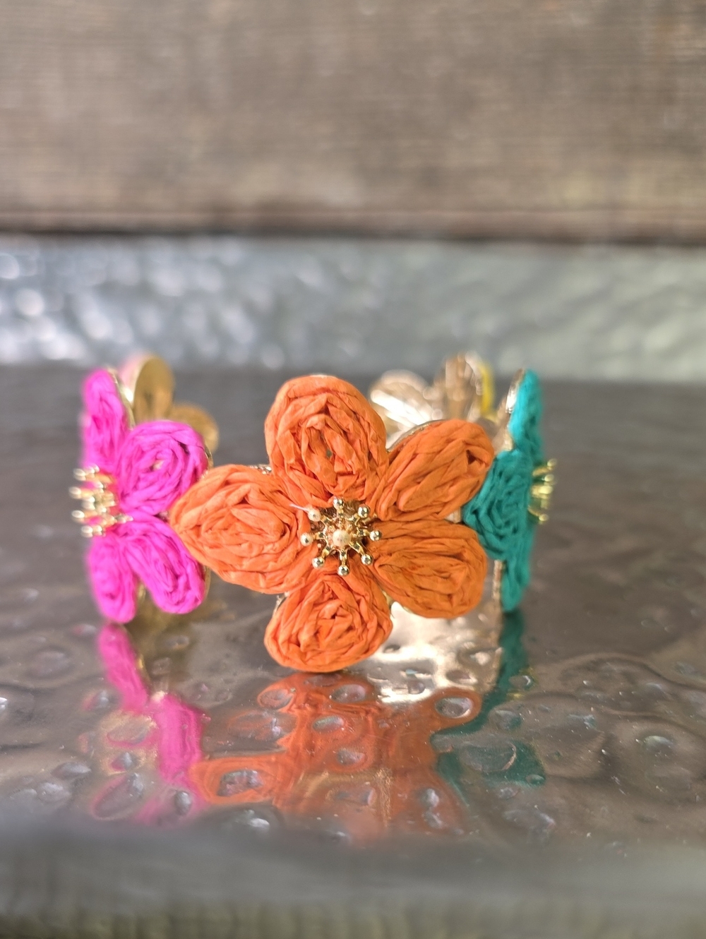 Handmade Floral Cuff Bracelet in Orange, Pink & Teal, NEW - Picture 1 of 5